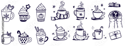 Christmas hot drink set of winter coffee, tea, chocolate