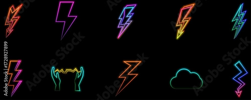 Vector lightning electric logo, set of thunder and lightning.neon style. Lightning signs, lightning icon set illustration.