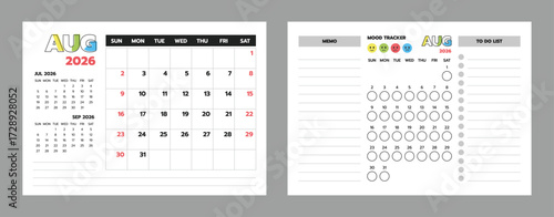 August 2026 printable calendar set with planner, memo, to-do list, and mood tracker. Great for students and office use.