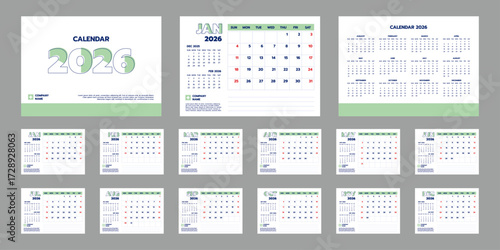 Minimal blue and mint green printable 2026 calendar vector. Ideal for modern office planners, school schedules, and business templates.