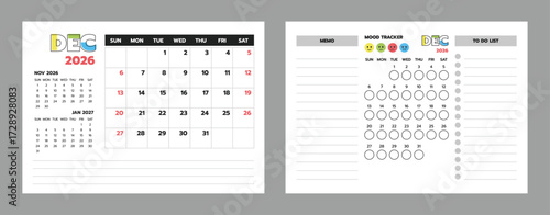 December 2026 calendar with planner, memo, to-do list, and mood tracker. Ideal for productivity and lifestyle planning.