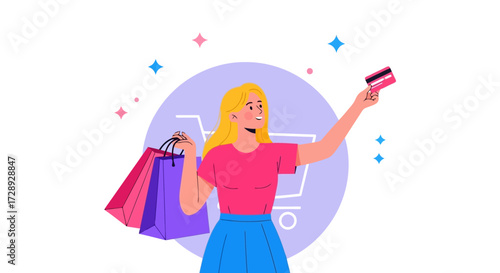 Woman holding shopping bags and credit card isolated on white background