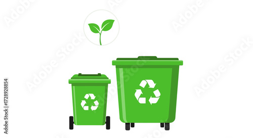 Recycling bins with recycle symbol and green leaf isolated on white background
