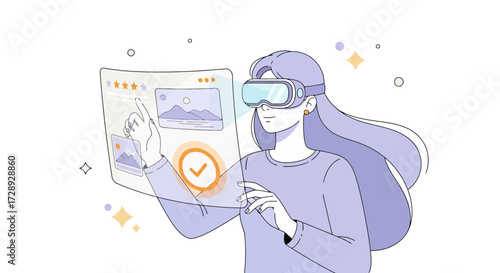 Woman wearing vr glasses interacting with virtual interface isolated on white background