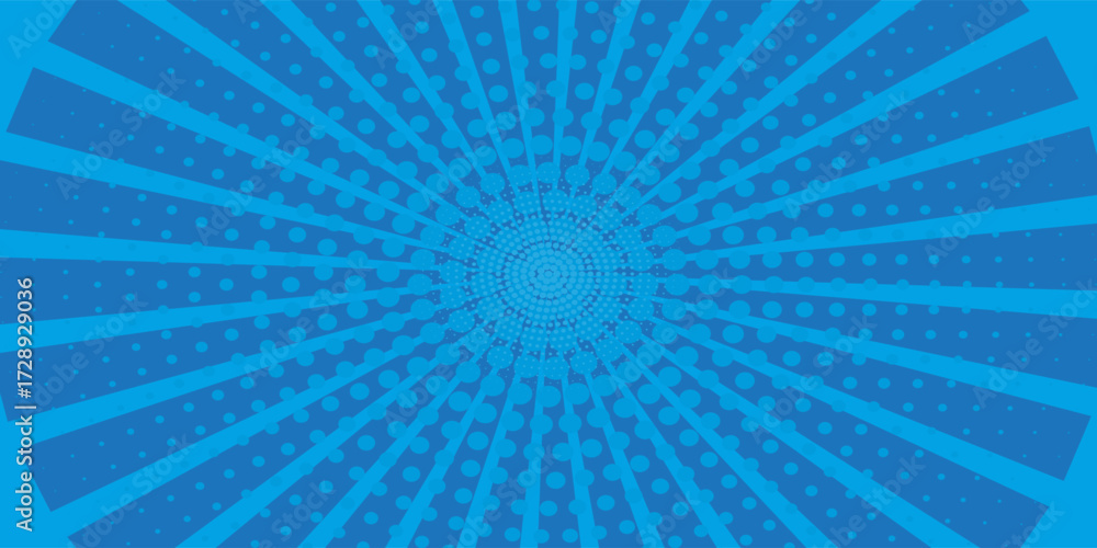 Fototapeta premium Comic background. Pop art texture. Starburst cartoon style. Anime design with explosion effect for print. Fun dot pattern. Blue backdrop with halftone gradient.