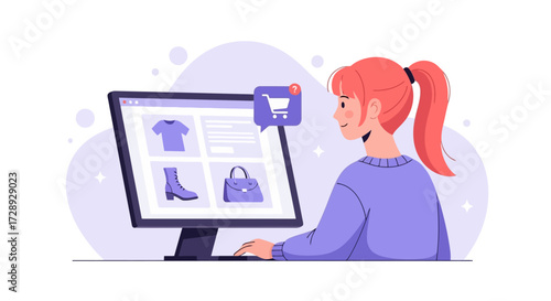 Woman shopping online on computer isolated on white background