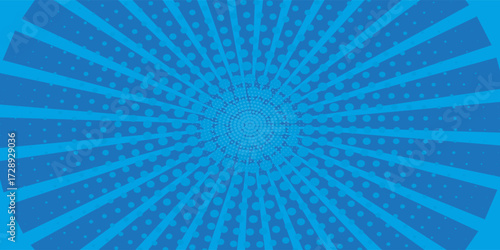 Comic background. Pop art texture. Starburst cartoon style. Anime design with explosion effect for print. Fun dot pattern. Blue backdrop with halftone gradient.