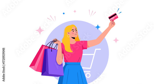 Woman with shopping bag and credit card isolated on white background