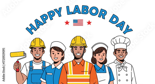 Happy labor day with diverse workers isolated on white background
