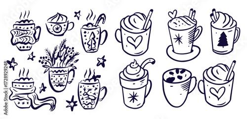 Christmas hot drink set of winter coffee, tea, chocolate
