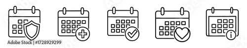 Calendar icons with security add check heart and information symbols, with  check, heart, information, schedule, date, reminder, time, planning, abstract, business, concept, vector illustration. 