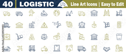 Collection of 40 Logistic and delivery editable line art icons set. With gold and blue accents, logistics,  cargo, truck, van, airplane, ship, boat, forklift, warehouse, box, vector illustration. 