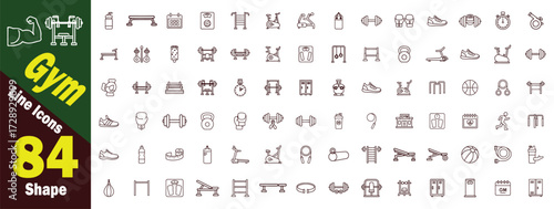 Comprehensive set of Gym and Fitness line icons set. With equipment,  fitness, gym, workout, exercise, training, health, sport, bodybuilding, weightlifting, strength, muscle,  activities, illustration