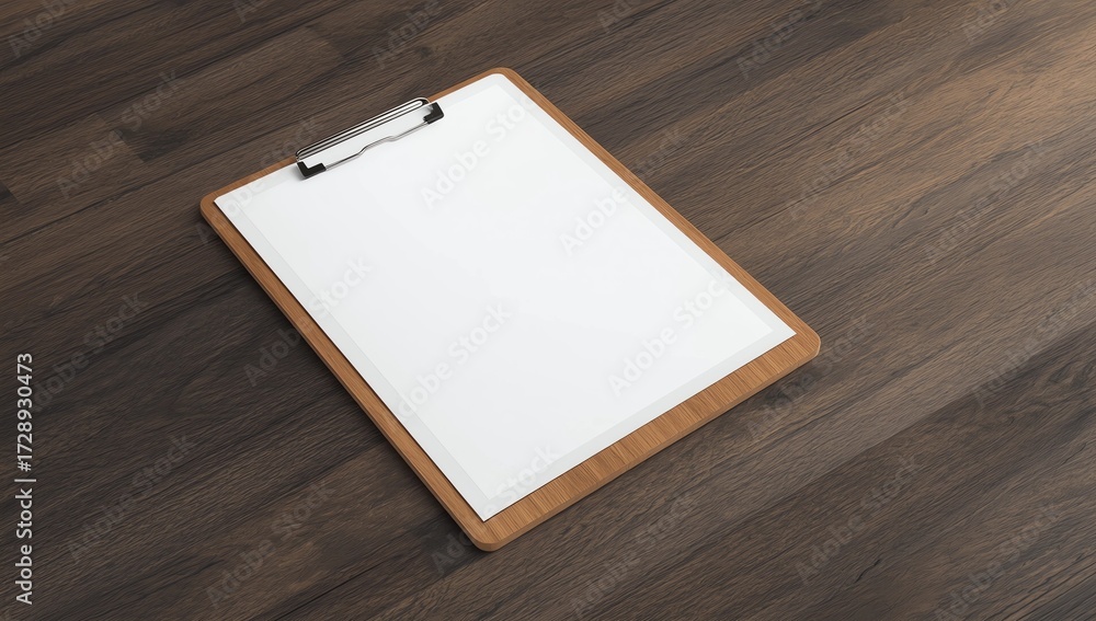 Fototapeta premium Clipboard with empty sheet of paper on wooden table