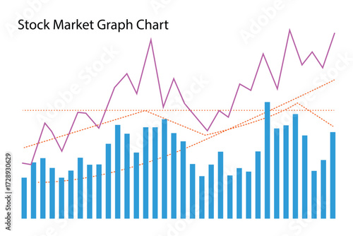 Stock Market Graph Chart Vector Illustration. Blue Bars and Pink Line, finance, business, trading, investment, economy, financial, data, analysis, trend, growth, decline, on White Background. 