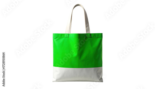 Green and White Canvas Tote Bag on White Background.
