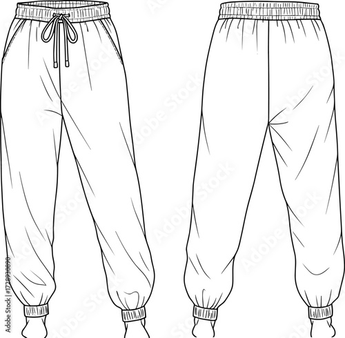 Jogger pants front back, elastic waist drawstring, ribbed cuff hem, CAD flat sketch, fashion vector illustration, garment technical drawing