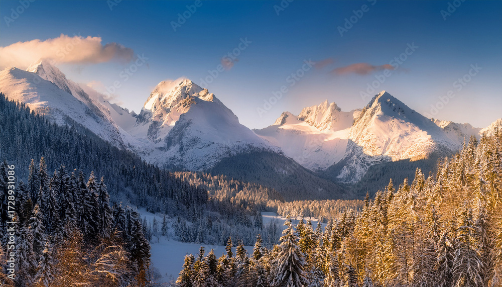 Obraz premium Mystical Winter Landscape With Snow Capped Mountains And Forest Scenery