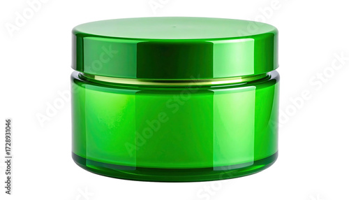 Green cosmetic jar with lid isolated on white background.