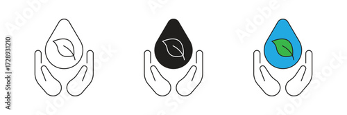 Nature leaf water in hand icon set. Vector icon of a hand holding natural water.