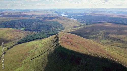 Beautiful aerial view of the Brecon Beacons National Park, near Abercynafon and Talybont Reservoir