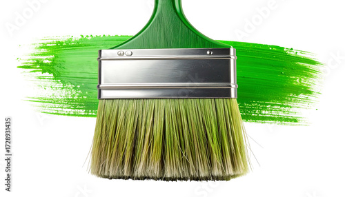 Green paint brush with green paint stroke on white background.