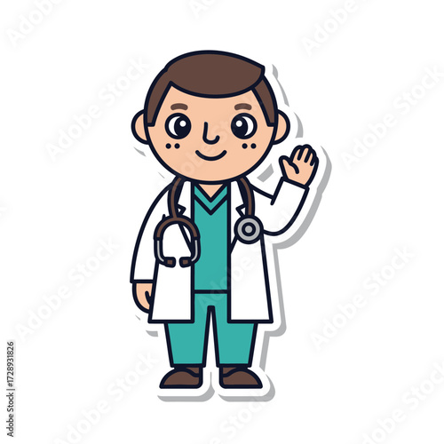 Cartoon doctor wearing a white coat and stethoscope waving hello.