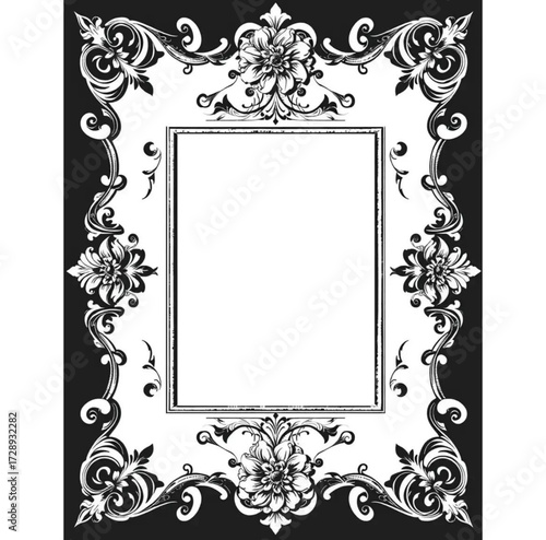 Vintage Decorative Frame: Intricate, ornate, monochrome decorative frame with floral elements, perfect for adding a touch of sophistication.