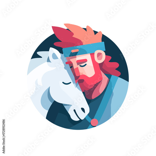 Stylized man with red beard resting head on white horse, round design