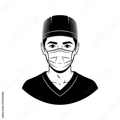 Illustration of a doctor wearing a surgical mask and cap.