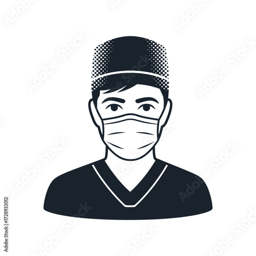 A black and white vector icon of a male doctor or surgeon wearing a protective face mask and scrub cap.
