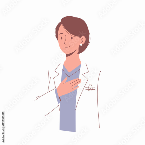 Illustration of a friendly female doctor or scientist in a white lab coat with her hand on her chest, showing sincerity.