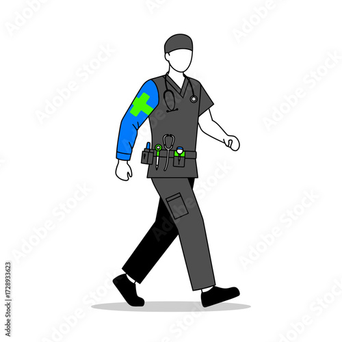 A medical professional in scrubs walks with a stethoscope and a medical kit on their belt, wearing a blue armband with a green cross.