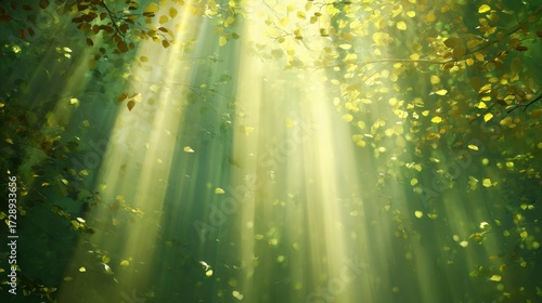 A forest with trees and leaves. The sun is shining through the trees. There are leaves on the ground