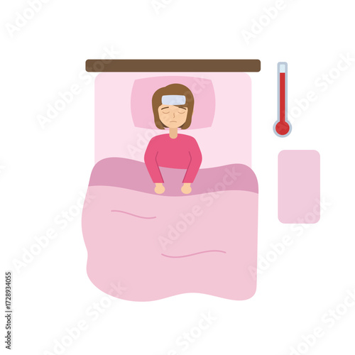 a girl who has a fever. A thermometer is present, indicating a measure of body temperature. compress on the forehead is a common method to help reduce fever and discomfort.