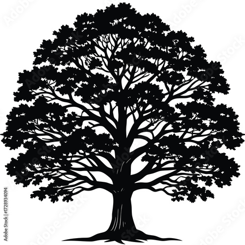 Detailed black and white silhouette of a mature oak tree with intricate branches and leaves