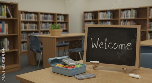 Welcome to Knowledge: A serene library interior welcomes you with a handwritten Welcome message, an open lunchbox, and the promise of knowledge, perfect for education and learning.