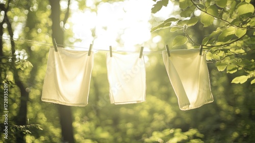 The view of clothes being dried is decorated with sunlight and clouds
