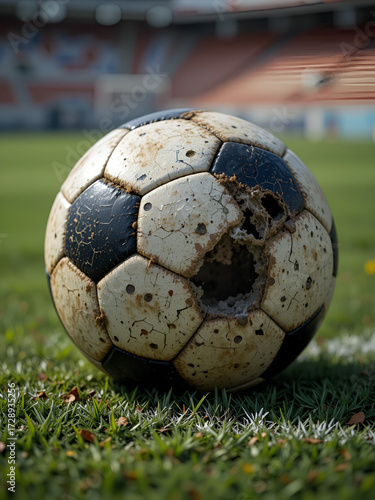 Old deflated soccer ball on the field.Thailand.