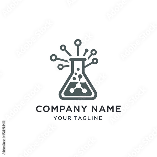 Modern Science & Technology Logo: Erlenmeyer Flask with Molecular Structure & Digital Connections for Biotech, Chemical Research, and Innovation Branding, Flat Vector Elements, Vector Illustration,