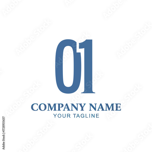 Modern Corporate Logo Design featuring Bold Blue Numerals '01', Placeholder 'Company Name', and 'Your Tagline' on a Clean White Background, Flat Vector Elements, Vector Illustration, Simple Vector,
