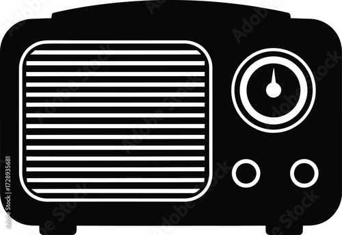 A black and white vector graphic of a vintage tabletop radio, featuring a speaker grille, tuning dial, and control knobs.
