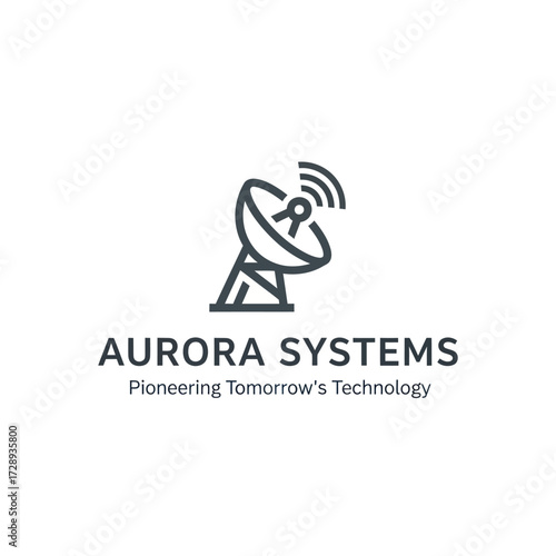Aurora Systems Logo featuring Satellite Dish Icon and 'Pioneering Tomorrow's' Slogan, Representing Communication Technology and Future Innovation, Flat Vector Elements, Vector Illustration, Simple
