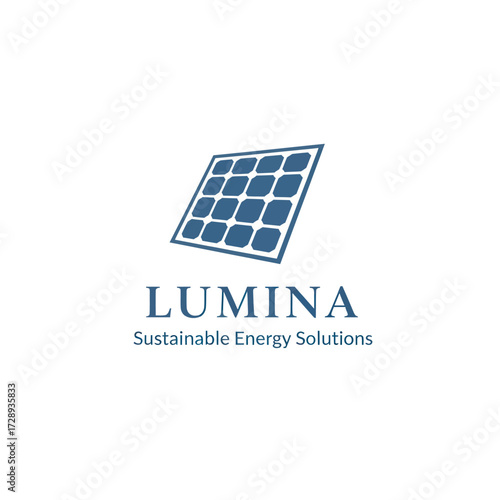 Lumin Sustainable Energy Company Logo featuring Blue Solar Panel Graphic and Text on White Background, Flat Vector Elements, Vector Illustration, Simple Vector, Stylized Vector Drawing, Vector