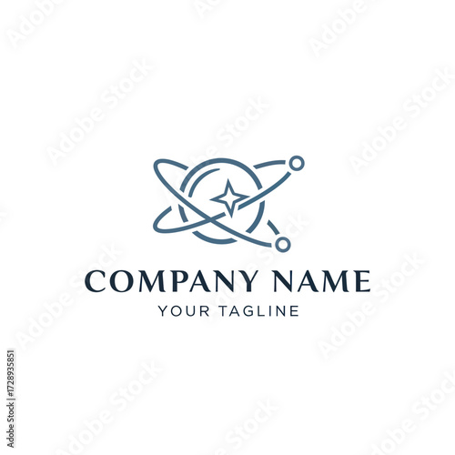 Modern Abstract Company Logo Design with Star and Orbital Rings, Featuring Company Name and Tagline on a Clean White Background, Flat Vector Elements, Vector Illustration, Simple Vector, Stylized