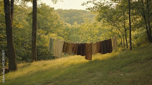 The view of clothes being dried is decorated with sunlight and clouds