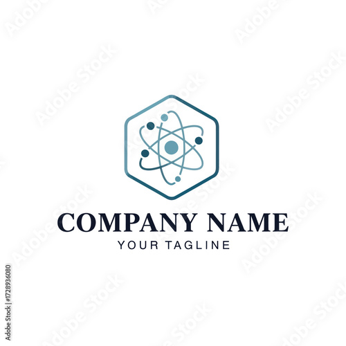 Modern Scientific Company Logo with Hexagonal Atom Icon and Corporate Text on White Background, Flat Vector Elements, Vector Illustration, Simple Vector, Stylized Vector Drawing, Vector Template,