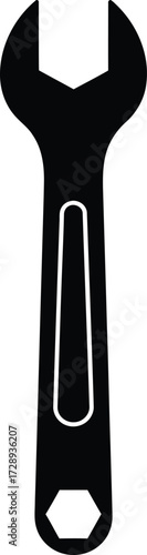 Black and white illustration of a wrench with an open end and a box end.