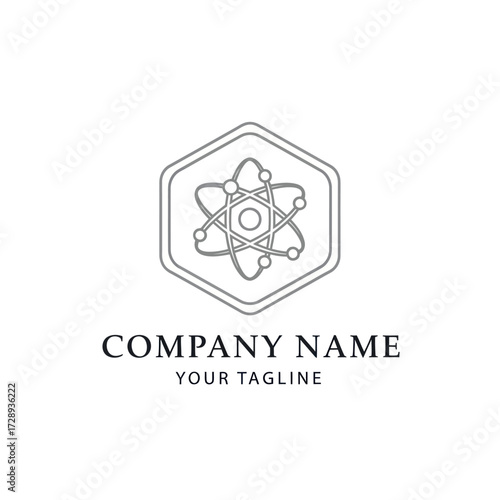 Minimalist Grey Atom Logo in Hexagon with Placeholder Text for Company Name and Tagline on White Background, Flat Vector Elements, Vector Illustration, Simple Vector, Stylized Vector Drawing, Vector