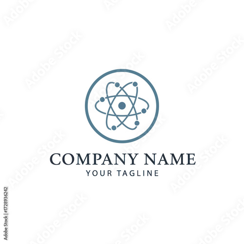 Modern Scientific Atom Logo Design with Company Name and Tagline on White Background, Ideal for Technology and Research Branding, Flat Vector Elements, Vector Illustration, Simple Vector, Stylized